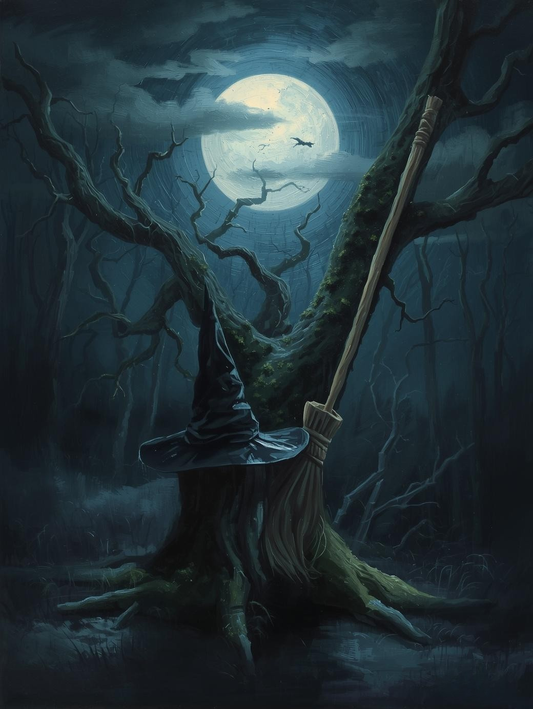 Paint by Number Witch Hat with Broom in Forest – Magical Paint by Number Kit for Adults