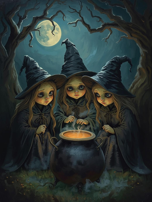 Paint by Number Cute Witch Trio in Enchanted Forest – Cozy DIY Paint by Number Kit for Adults