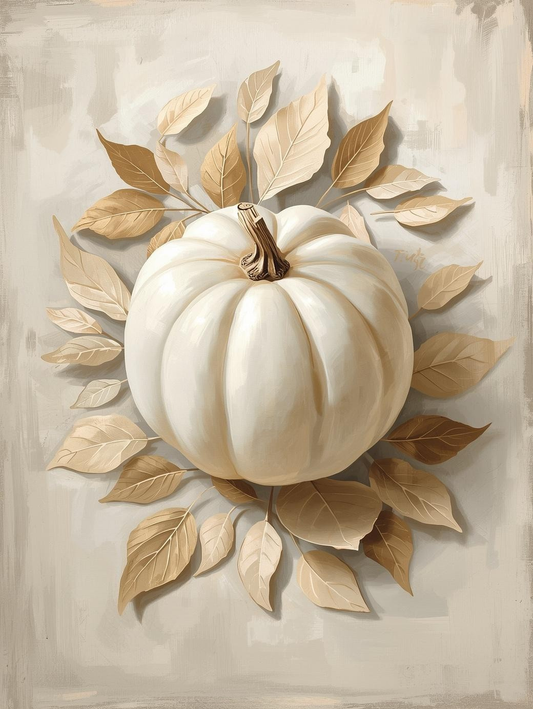 Paint by Number Soft White Pumpkin Leaf Scene – Autumn Paint by Number Kit for Adults