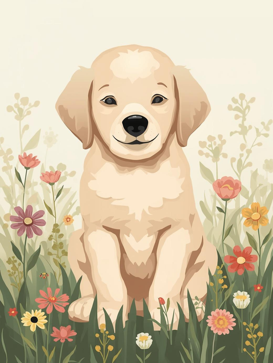 Paint by Number Beginner Friendly Puppy in Wildflower Field – Easy DIY Canvas Paint Kit