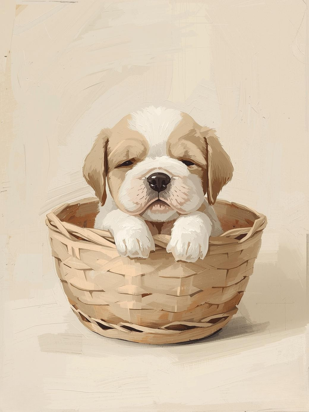 Paint by Number Beginner Friendly Puppy in Woven Basket – Easy DIY Canvas Paint Kit for Adults