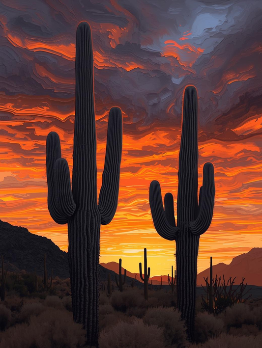 Paint by Number Saguaro Cactus Silhouettes at Sunset – DIY Paint by Number Kit for Adults
