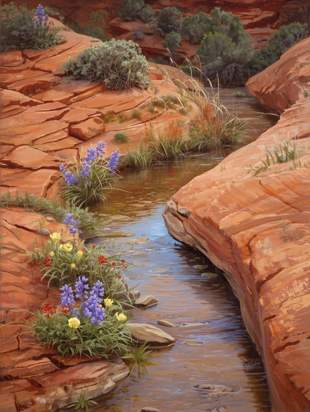 Paint by Number Winding Sandstone Creek with Wildflowers – DIY Paint by Number Kit for Adults