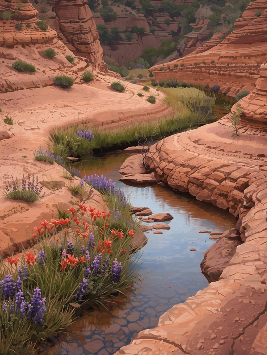 Paint by Number Desert Creek with Indian Paintbrush and Lupine – Paint by Number Kit for Adults