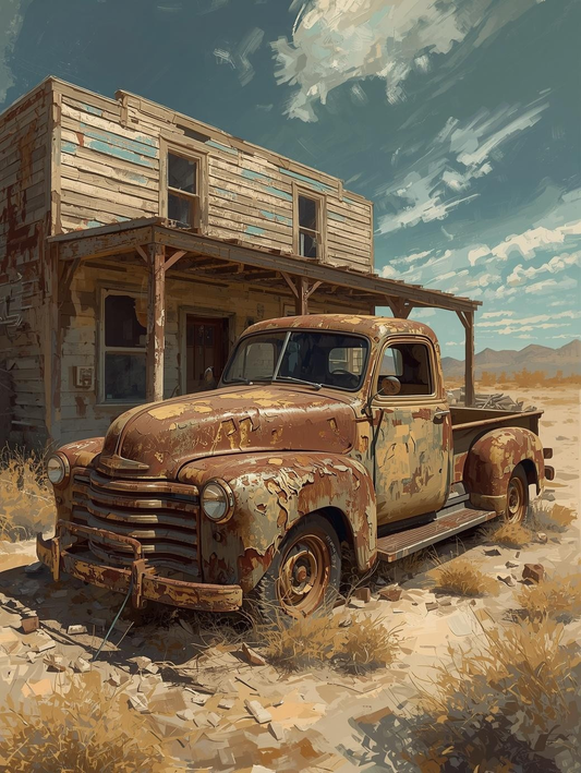 Paint by Number Desert Ghost Town with Rusted Truck and Old Building – Paint by Number Painting Kit