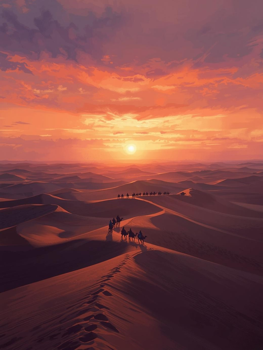 Paint by Number Caravan Camels Crossing Desert Dunes at Sunset – DIY Paint by Number Kit