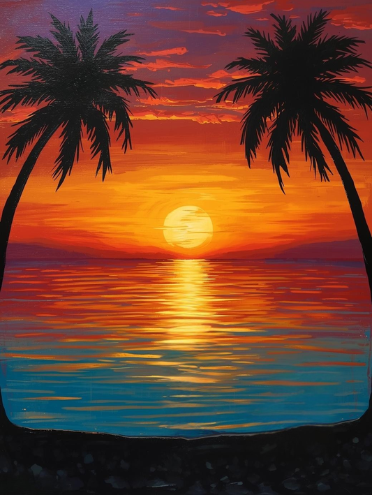 Paint by Number Tropical Ocean Sunset with Palm Silhouettes – Paint by Number Kit for Adults