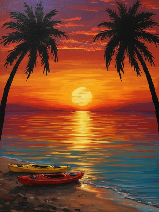 Paint by Number Sunset Shoreline with Colorful Kayaks and Palm Silhouettes – DIY Paint by Number Kit for Adults