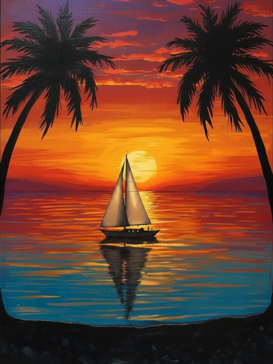 Paint by Number Palm Tree Sunset with Distant Sailboat – DIY Paint by Number Kit