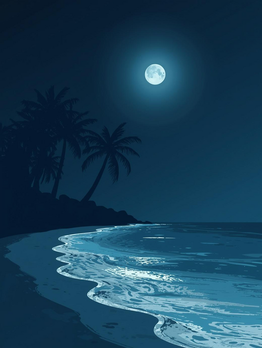 Paint by Number Moonlit Beach with Palm Silhouettes and Gentle Waves – DIY Paint by Number Kit for Adults