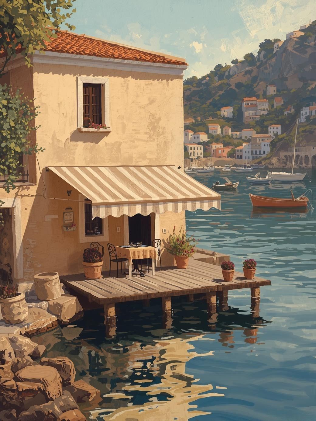 Paint by Number Mediterranean Seaside Restaurant on Wooden Dock – Paint by Number Kit for Adults