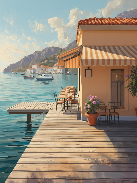 Paint by Number Coastal Café on Dock with Boats and Calm Water – DIY Paint by Number Kit