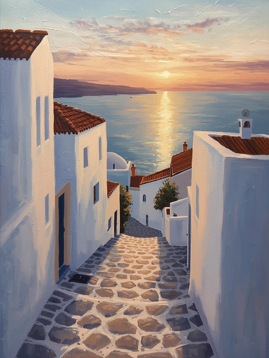 Paint by Number Mediterranean Coastal Village at Sunset with Cobblestone Path – Paint by Number Canvas Kit