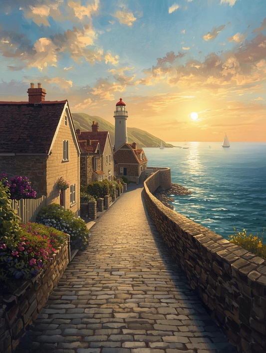 Paint by Number Seaside Cobblestone Street with Ocean Sunset – DIY Paint by Number Kit for Adults