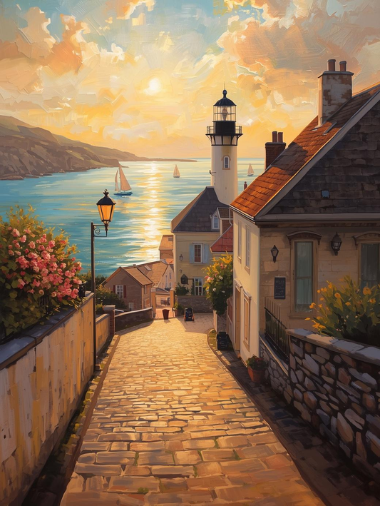 Paint by Number Coastal Village Street Leading to Lighthouse at Sunset – Paint by Number Painting Kit