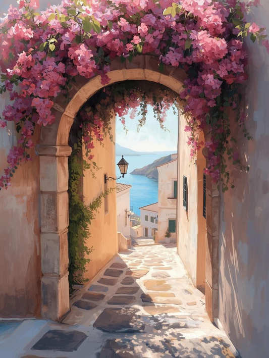 Paint by Number Mediterranean Village Archway with Pink Flowers – DIY Paint by Number Kit