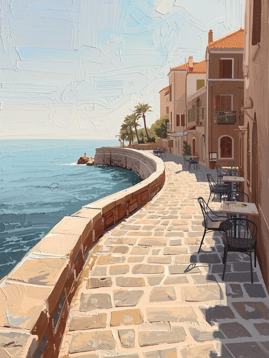 Paint by Number Mediterranean Seaside Walkway with Café Tables – Paint by Number Canvas Kit