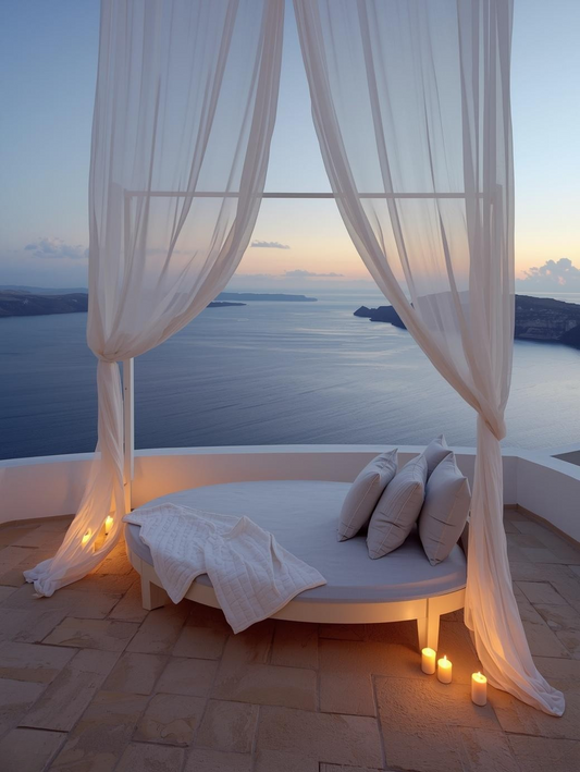 Paint by Number Romantic Mediterranean Balcony with Ocean View at Dusk – DIY Paint by Number Kit for Adults