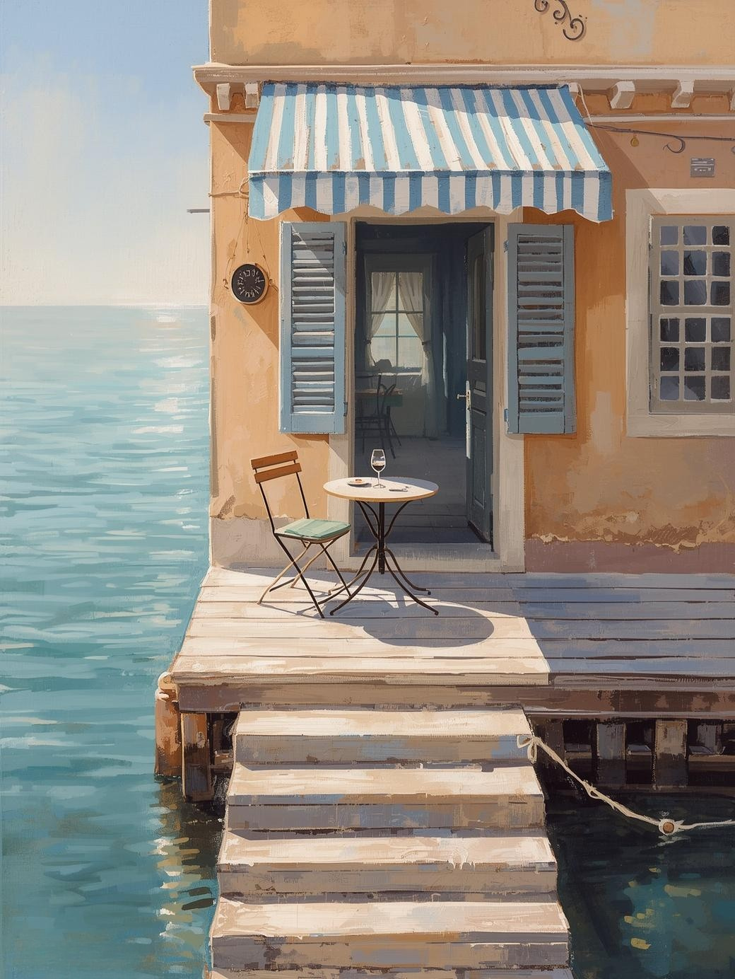 Paint by Number Mediterranean Café on Dock Over Turquoise Water – DIY Paint by Number Kit