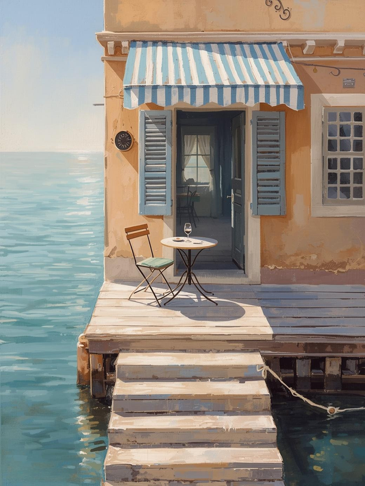Paint by Number Mediterranean Café on Dock Over Turquoise Water – DIY Paint by Number Kit