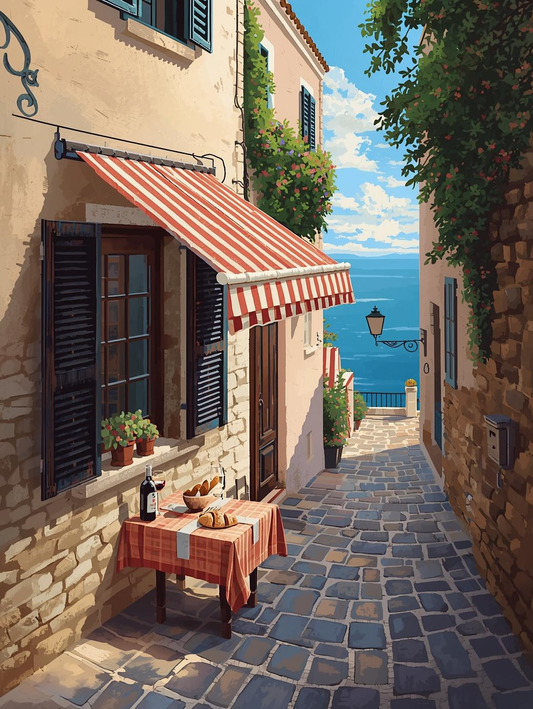 Paint by Number Mediterranean Café Along Cobblestone Walkway – Paint by Number Canvas Kit
