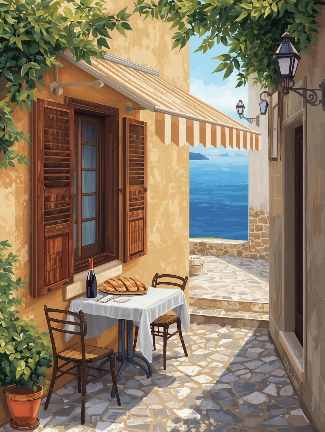 Paint by Number Romantic Mediterranean Café Terrace Overlooking the Sea – DIY Paint by Number Kit for Adults