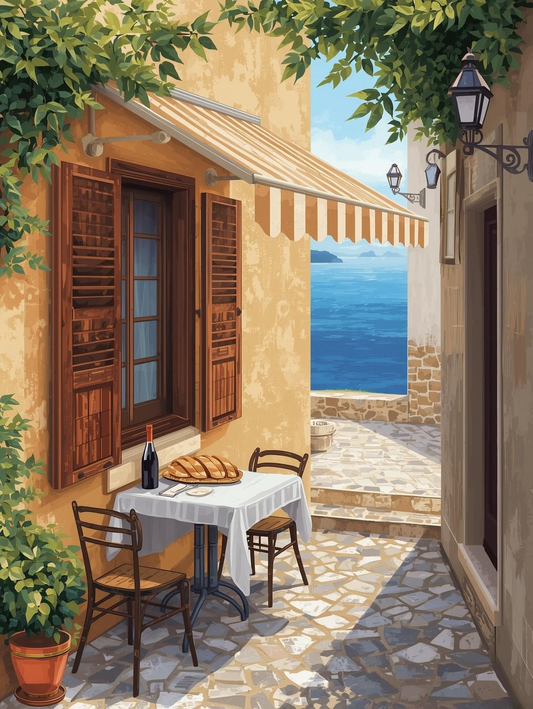 Paint by Number Romantic Mediterranean Café Terrace Overlooking the Sea – DIY Paint by Number Kit for Adults