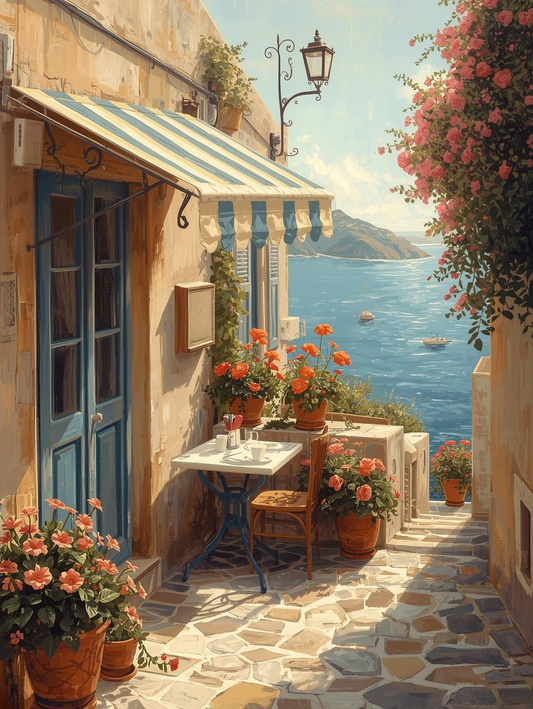 Paint by Number Romantic Mediterranean Café Terrace Overlooking the Sea – DIY Paint by Number Kit for Adults (Copy)