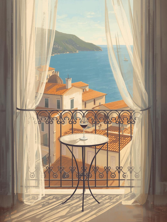 Paint by Number Romantic Mediterranean Balcony with Wine and Sea View – Paint by Number Kit for Adults