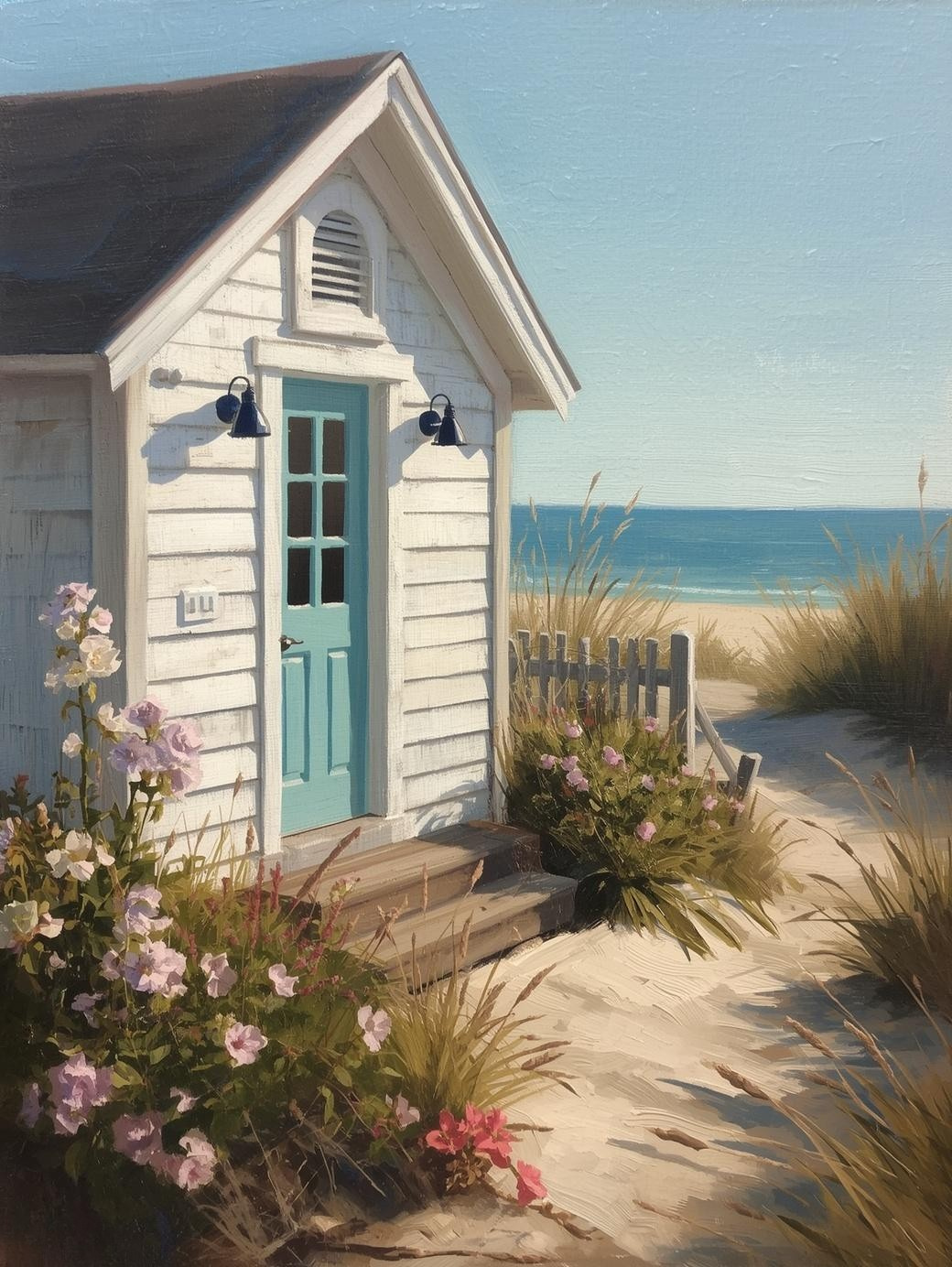 Paint by Number Coastal Beach Cottage with Sandy Path to Ocean – DIY Paint by Number Kit