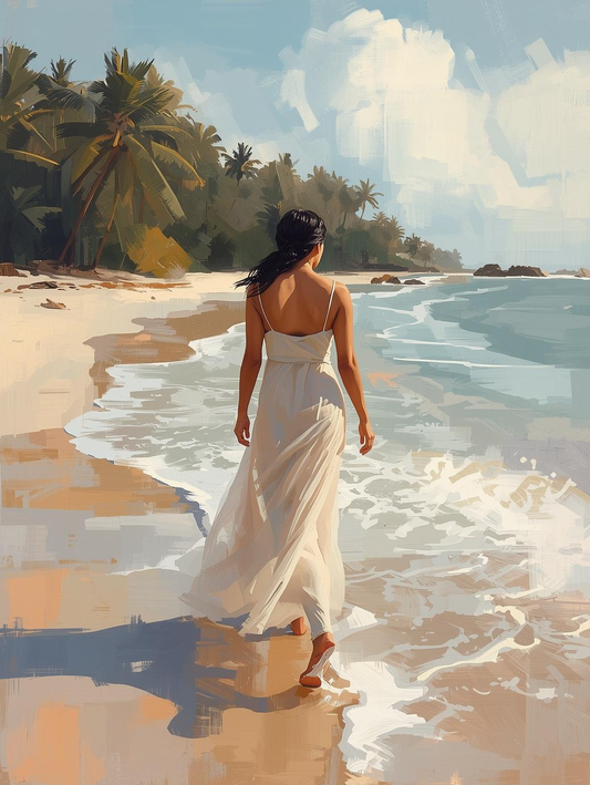 Paint by Number Woman Walking Along Tropical Shoreline at Sunset – Paint by Number Kit for Adults