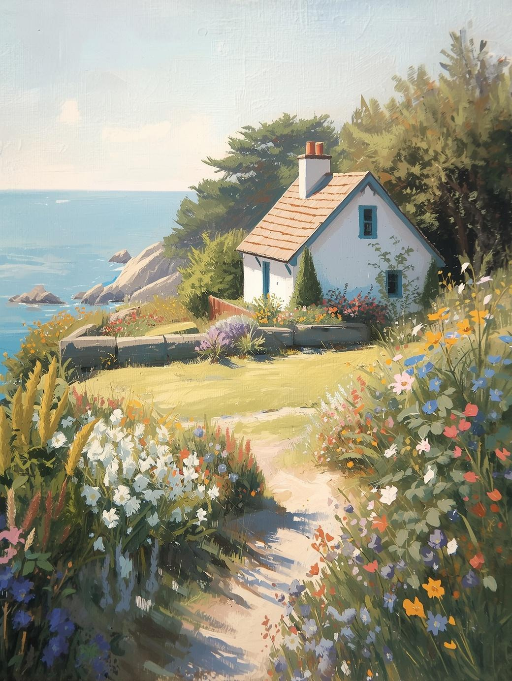 Paint by Number Coastal Cottage and Garden Overlooking Ocean – DIY Paint by Number Kit