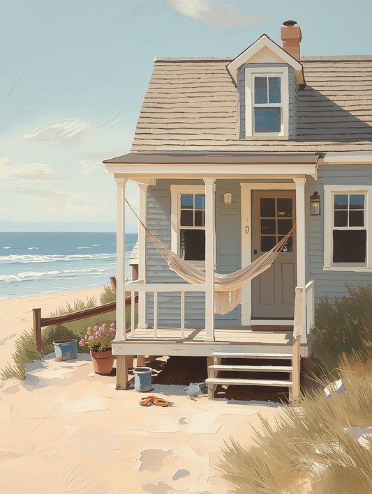 Paint by Number Coastal Cottage Porch with Hammock by the Sea – DIY Paint by Number Kit for Adults