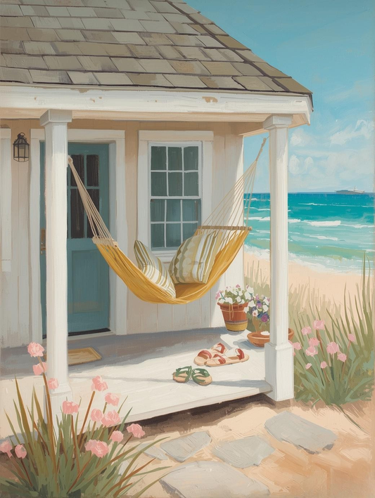 Paint by Number Seaside Cottage Porch with Hammock and Ocean View – Paint by Number Kit for Adults