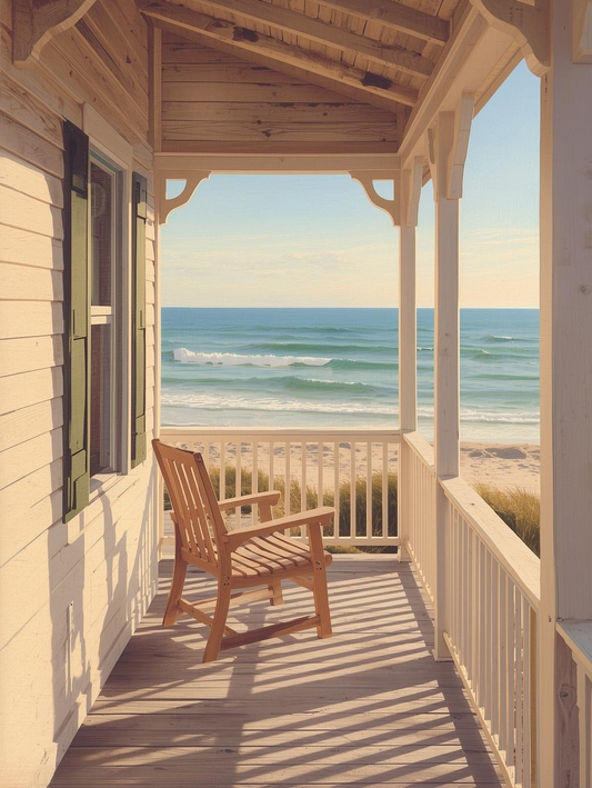 Paint by Number Cozy Beach House Porch with Ocean View – DIY Paint by Number Kit for Adults