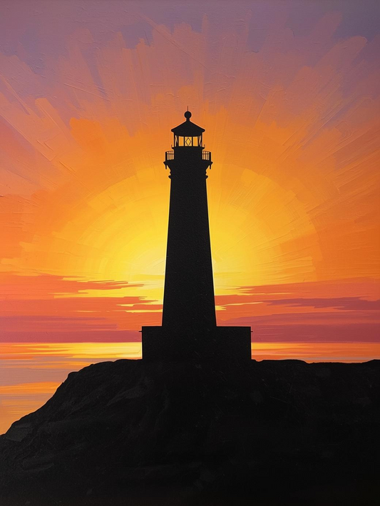 Paint by Number Lighthouse Silhouette at Sunset Over Coastal Horizon – Paint by Number Canvas Kit