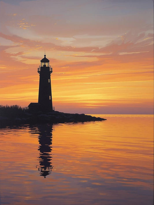 Paint by Number Lighthouse Reflection on Calm Water at Sunset – Paint by Number Canvas Art Kit