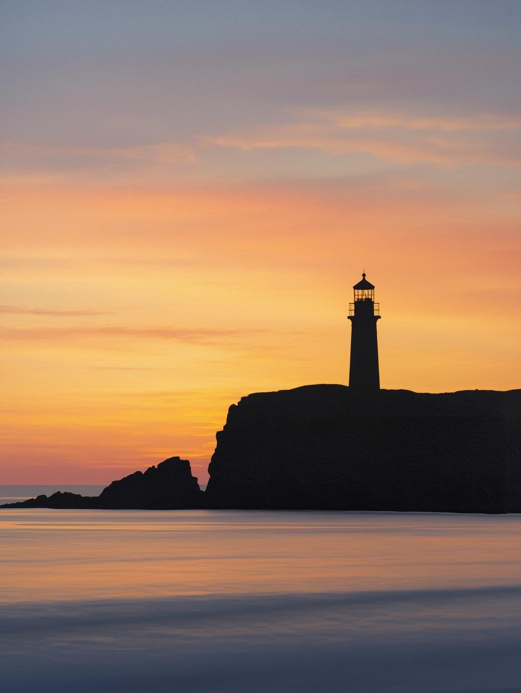 Paint by Number Lighthouse on Coastal Cliff at Sunset Over Calm Ocean – DIY Paint by Number Kit