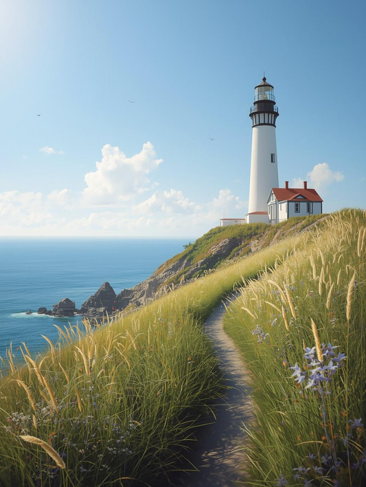 Paint by Number Lighthouse on Coastal Path with Ocean View and Wild Grass – Paint by Number Canvas Kit
