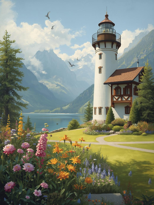 Paint by Number Lighthouse by Mountain Lake with Garden Flowers and Scenic View – Paint by Number Canvas Art Kit