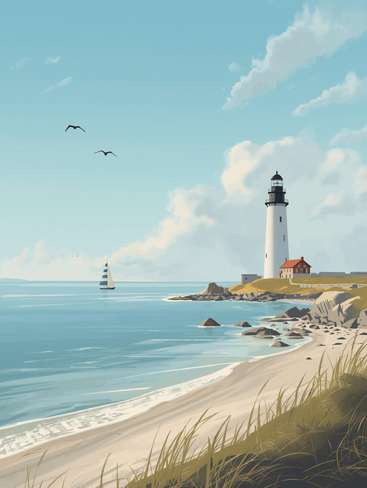 Paint by Number Lighthouse on Sandy Beach with Sailboat and Calm Ocean – Paint by Number Kit for Adults
