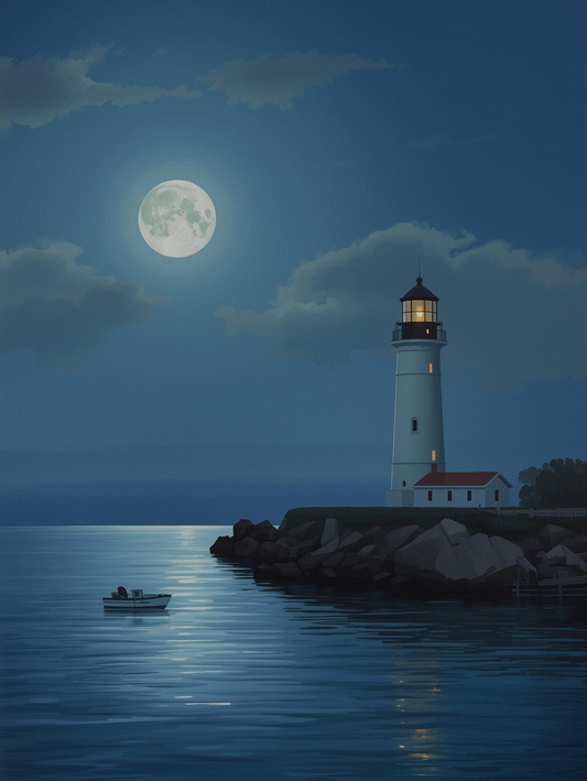 Paint by Number Lighthouse Under Full Moon with Boat on Calm Water – DIY Paint by Number Kit