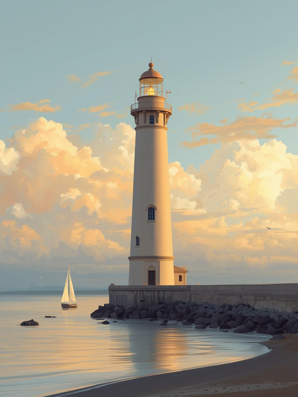 Paint by Number Lighthouse by Shoreline with Sailboat Under Golden Sky – Paint by Number Canvas Kit