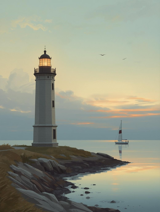 Paint by Number Lighthouse on Rocky Coast at Sunset with Distant Sailboat – Paint by Number Art Kit