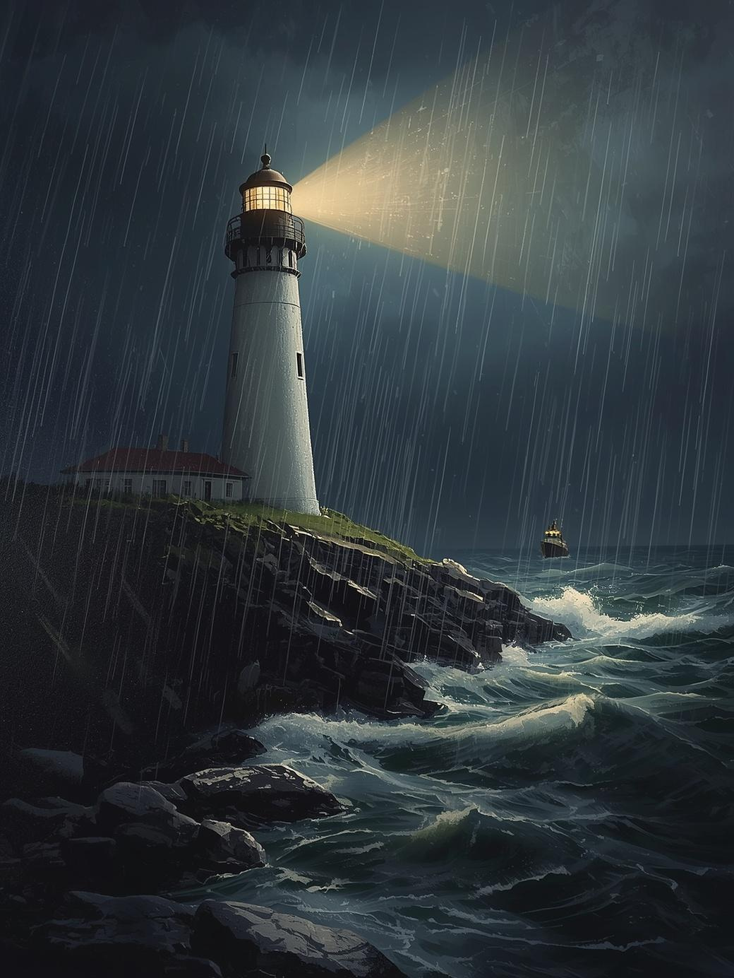 Paint by Number Lighthouse in Storm with Waves and Guiding Light Beam – Paint by Number Canvas Art Kit
