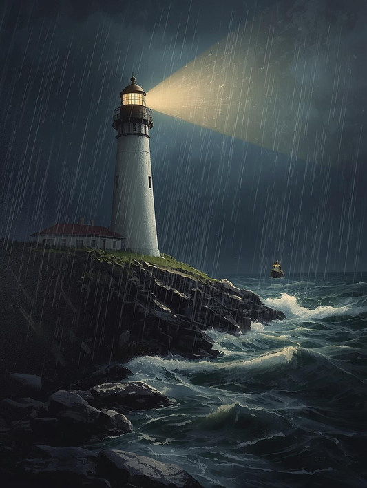 Paint by Number Lighthouse in Storm with Waves and Guiding Light Beam – Paint by Number Canvas Art Kit