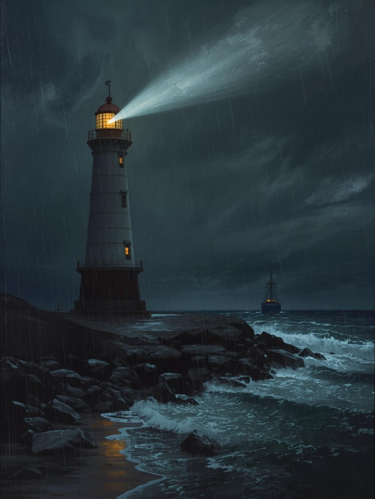 Paint by Number Stormy Lighthouse with Light Beam Over Ocean Waves – DIY Paint by Number Kit