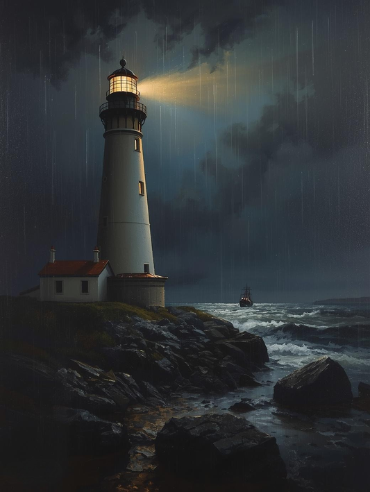 Paint by Number Lighthouse on Rocky Shore in Rain with Distant Ship – Paint by Number Canvas Kit