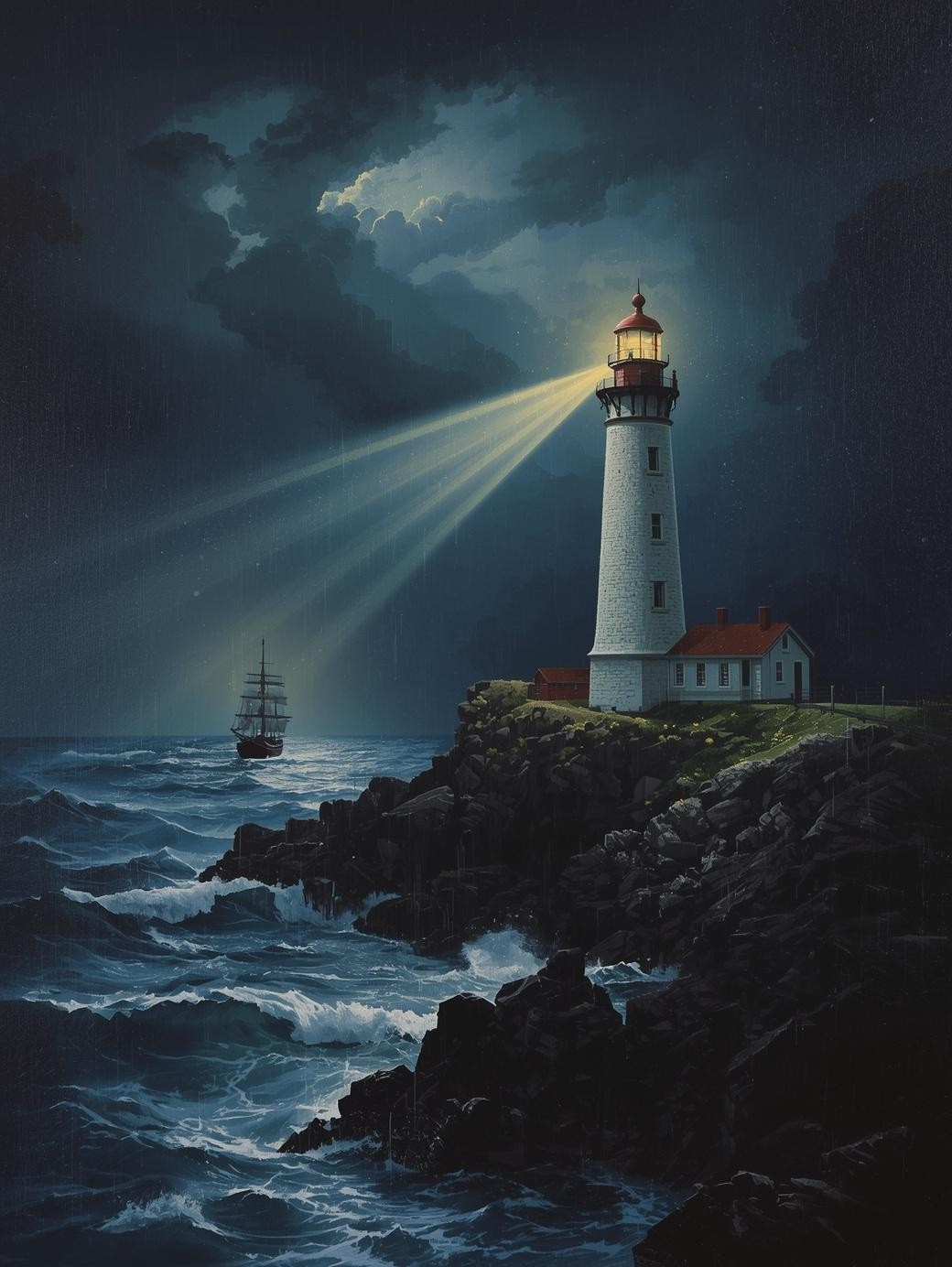Paint by Number Lighthouse with Radiant Beams Guiding Ship Through Dark Seas – Paint by Number Kit for Adults