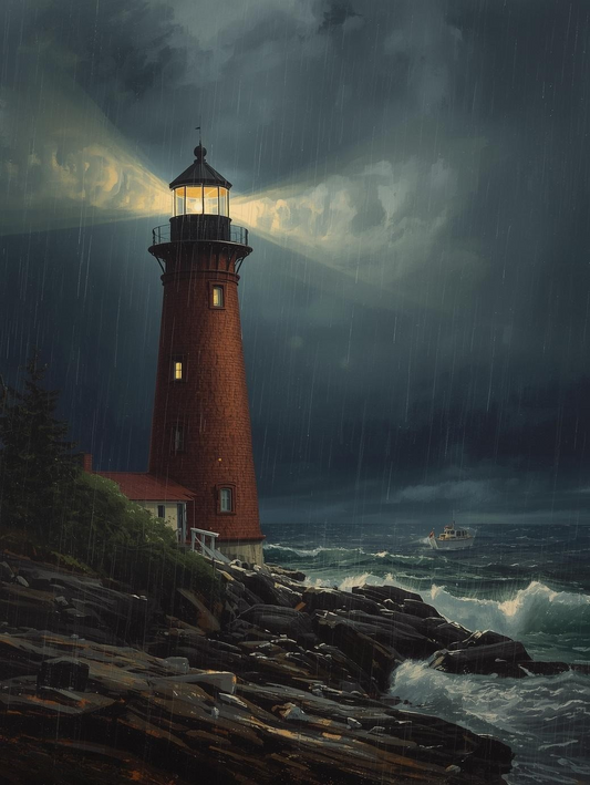 Paint by Number Red Brick Lighthouse with Boat in Rough Coastal Waters – Paint by Number Art Kit